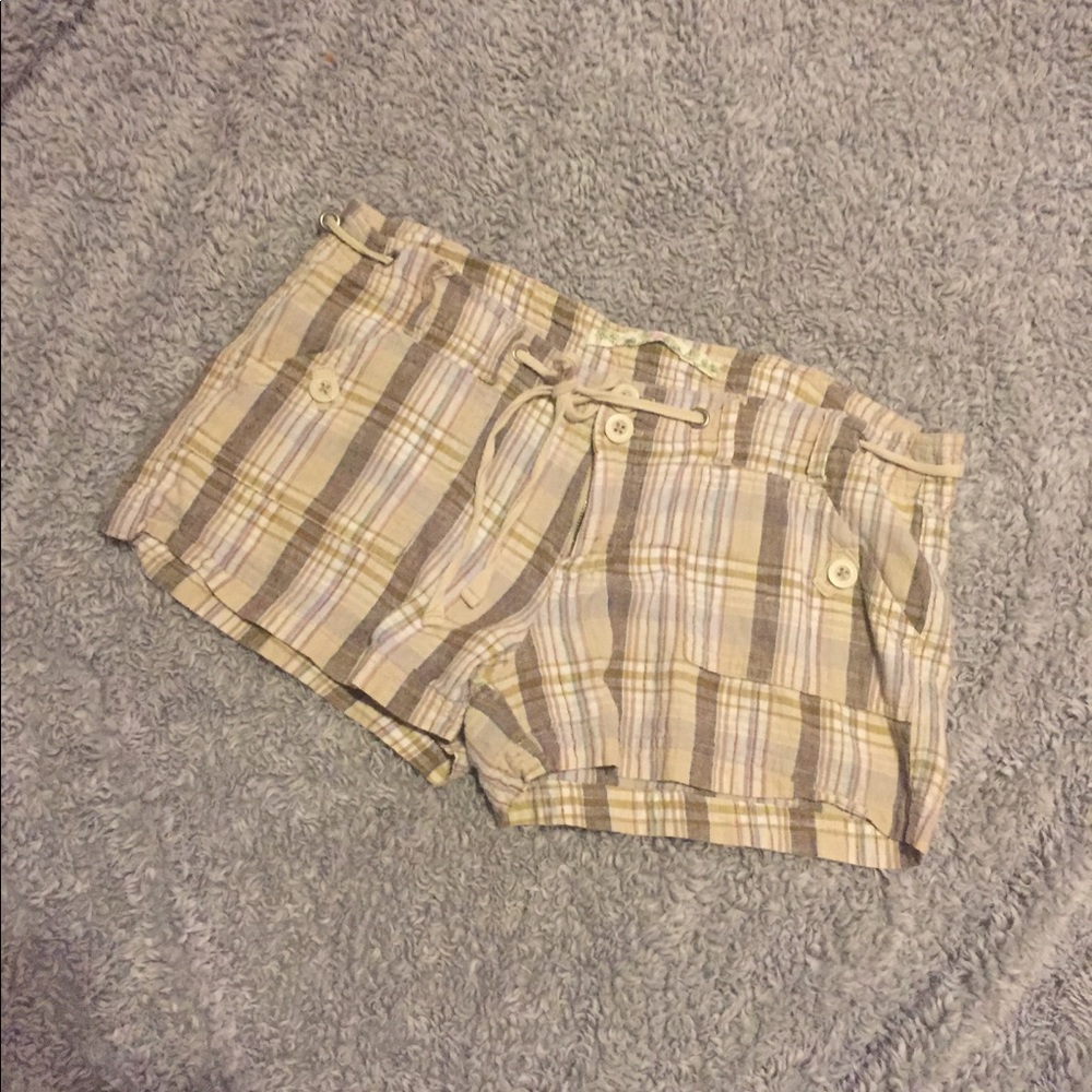 Green plaid linen shorts